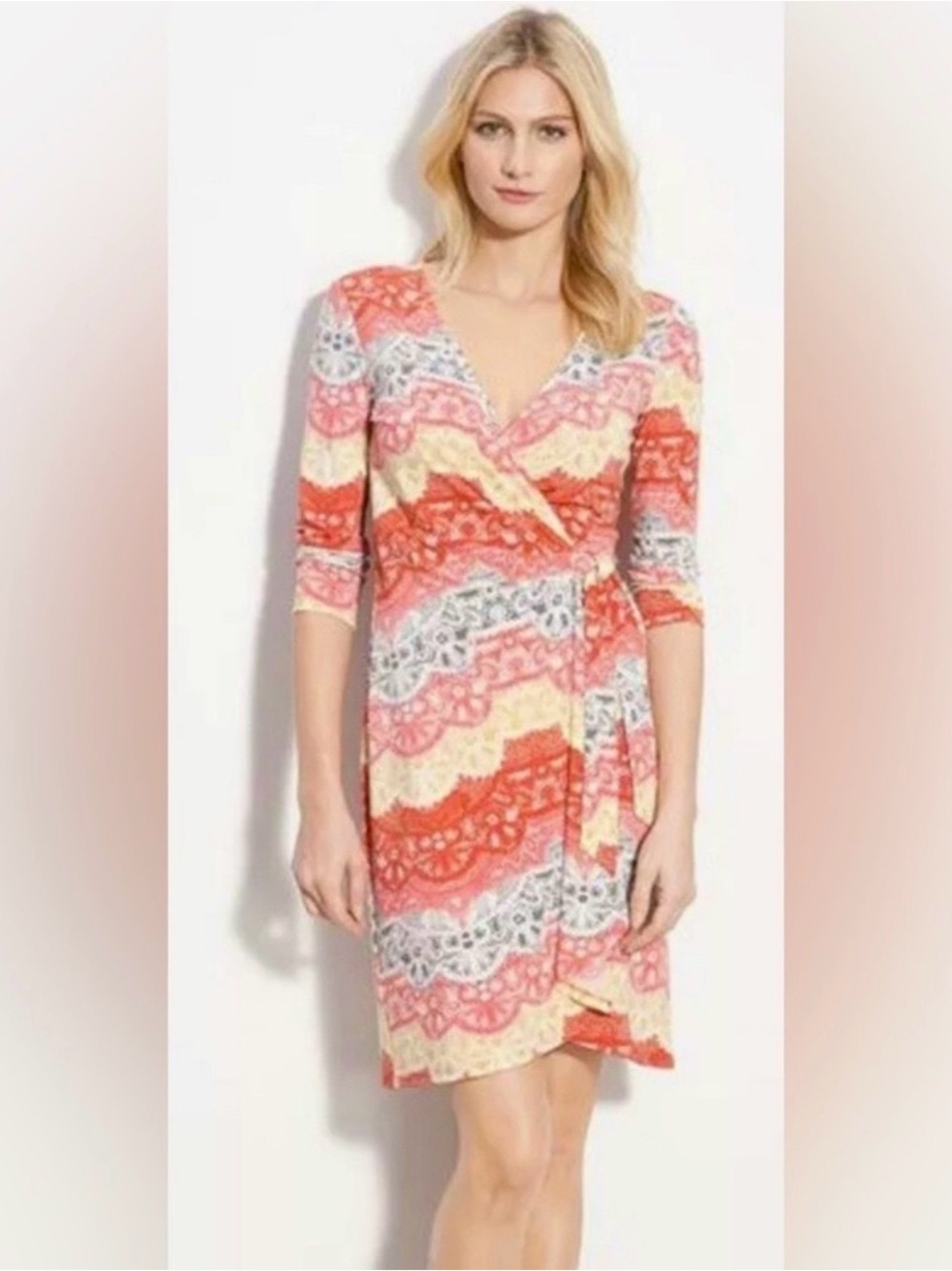 Bcbgmaxazria Wrap Dress Orange/yellow/coral Geometric Lace Print Size Medium